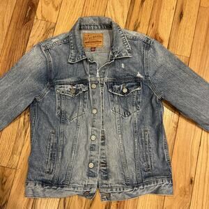 Lucky Brand Jean Jacket Tomboy Trucker Button Front Distressed Women Size Large